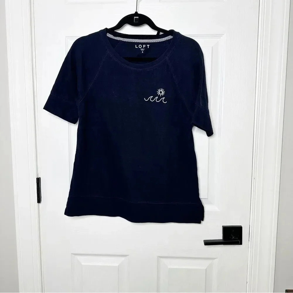LOFT Navy Blue Heavy Weight Top Beaded Wave‎ Sun Short Sleeve Shirt Size Small